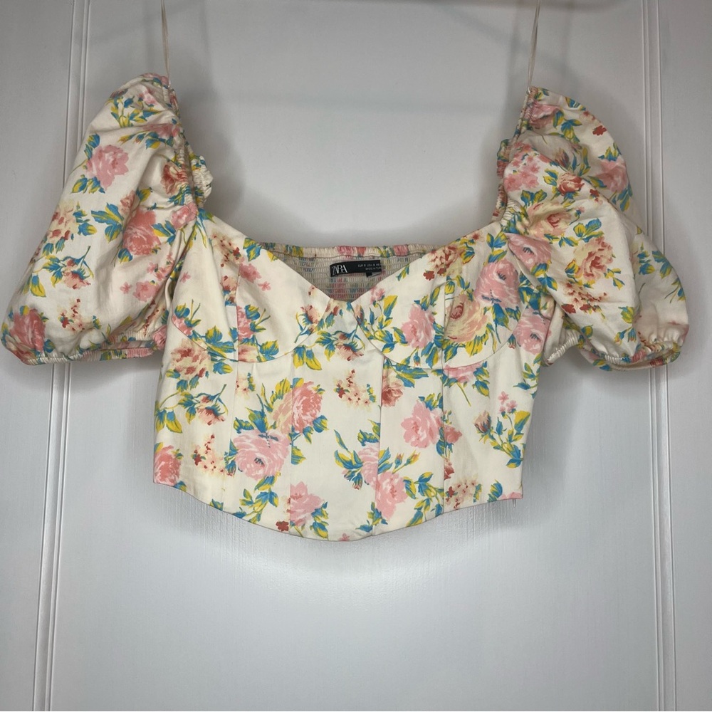 Zara Pink and Cream Flowers Blouse Top with Zipper Size S